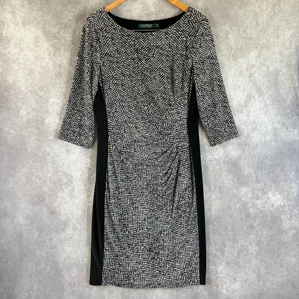 Lauren Ralph Lauren Sheath Dress Women 14 Black White Herringbone Ruched 3/4 Slv
